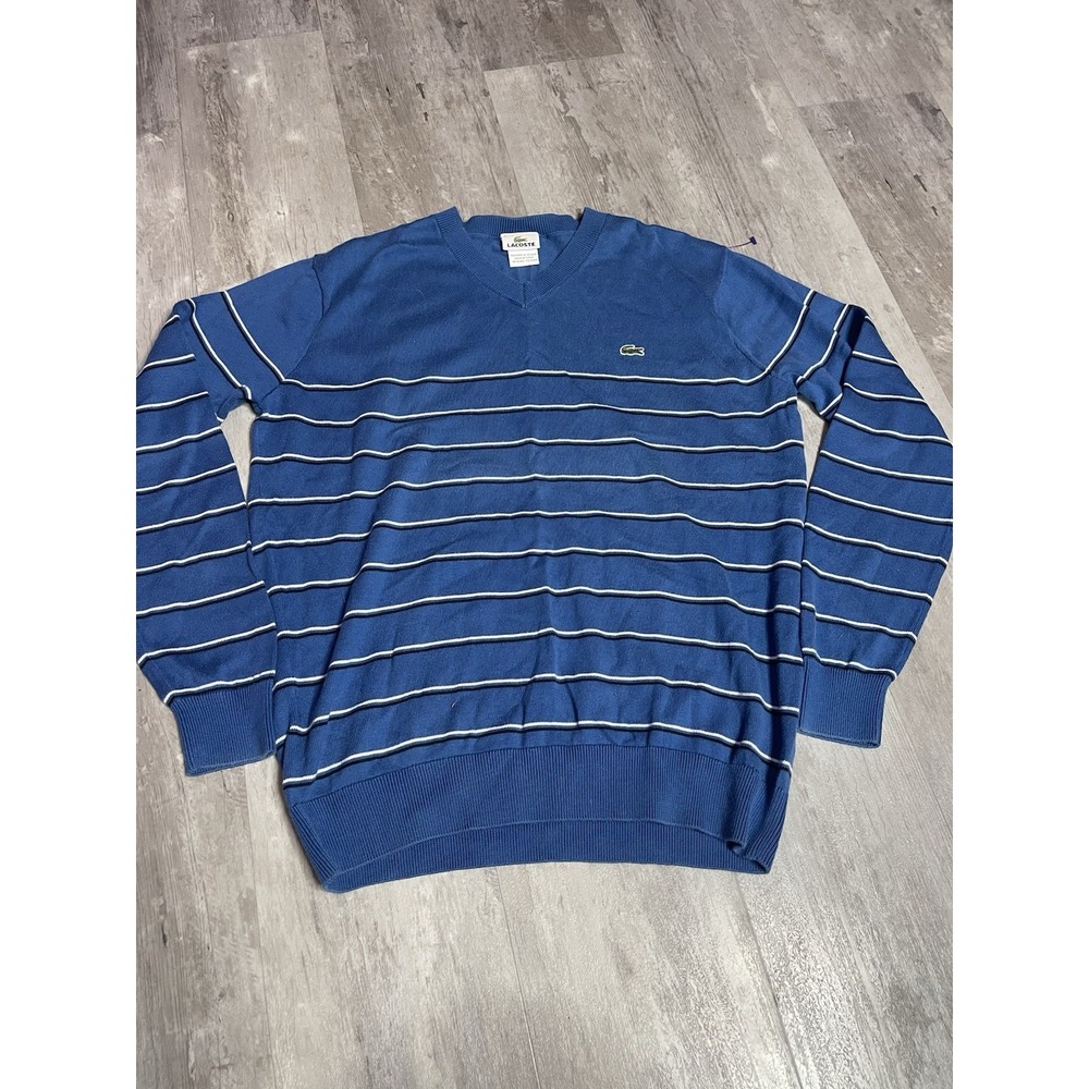 Lacoste Knit Sweater Mens XL Blue Cotton V-Neck Striped LS Alligator Logo